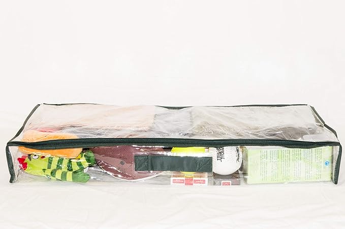 5-Pack Clear Vinyl Zippered Underbed Storage Bags 32 x 16 x 4 Inch with Dark Green Trim, 11 x 14.5 Insert Pocket and Handle