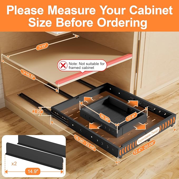 Pull out Cabinet Organizer Expandable W(12"-20") and D(16"-22"), No Drill Adjustable Slide Out Drawers With 3 Slide Rails, 2Pcs Magnetic Panel, Adhesive Roll out Shelves for Kitchen, Cabinets, Pantry