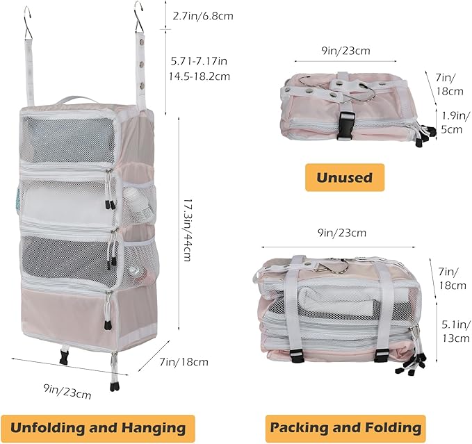 TABITORA Travel Luggage Organizer Hanging Packing Cubes Portable Hanging Shelves Carry on Closet for Suitcase with 2 Hooks,Collapsible(Pink,S)