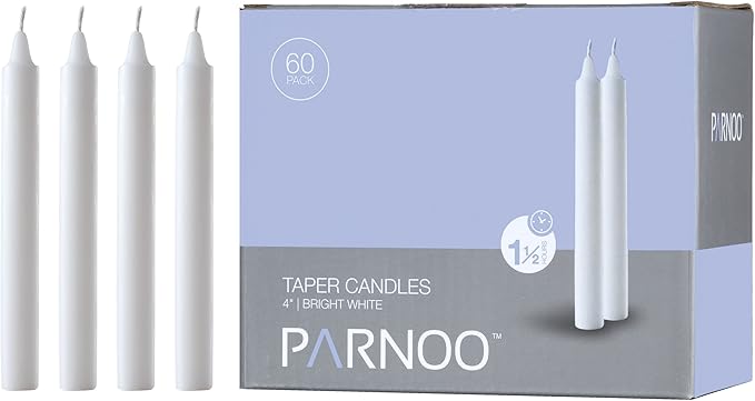 White Taper Candles - Set of 60 Dripless Chimes Candles - 4 inch Tall, 1/2 inch Diameter - 1.5 Hour Clean Burn