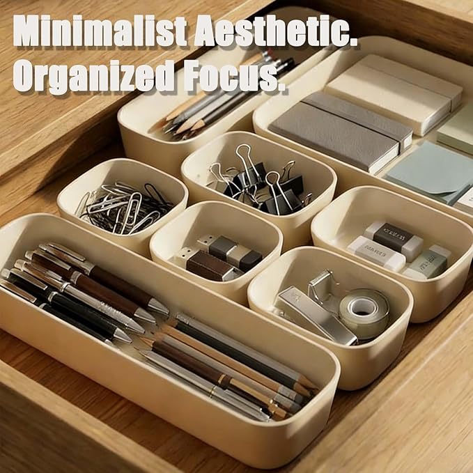 SILIVO 8 PCS Unbreakable Silicone Drawer Organizers, Modern Minimalist Beige Drawer Dividers, Noise-Free & Non-Slip Trays for Home Office, Kitchen, Bathroom and Neutral Nursery Decor