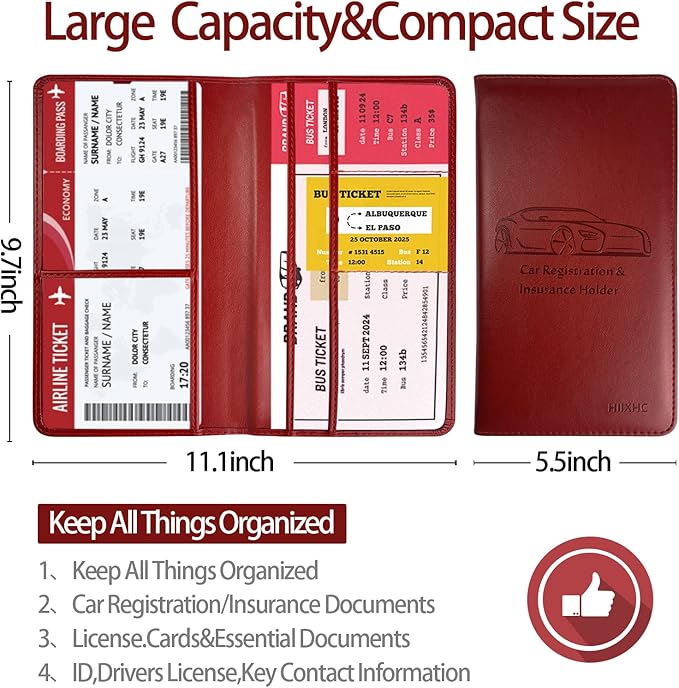 Car Registration and Insurance Card Holder - Leather Vehicle Glove Box Automobile Documents Paperwork Wallet Case Organizer for ID, Driver's License, Key Contact Information Cards