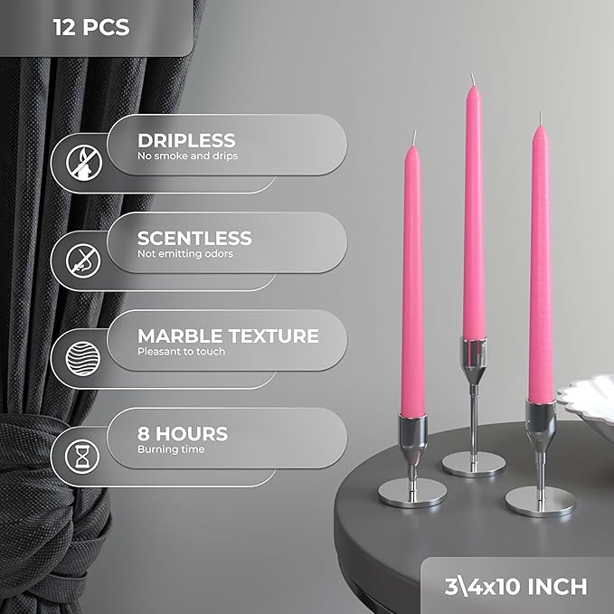 CANDWAX Pink 10 inch Taper Candles Set of 12 - Unscented Smokeless Dripless Pink Candlesticks - Perfect as Easter Candles and for Holidays, Ordinary Dinners and Special Occasions - Tall Candle Sticks