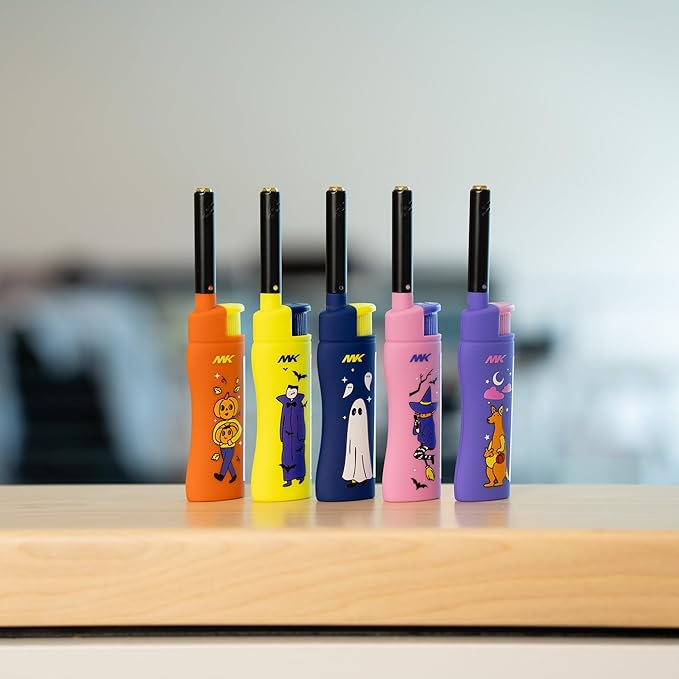 MK Lighter Collector’s Edition Refillable Candle – Multipurpose Jet Flame Butane with Long Wand for Indoor & Outdoor Use Gift Couples Friends Family (Trick Or Treat-5pc)