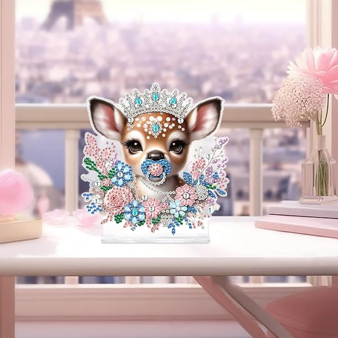 antor Diamond Painting Desktop Ornament Kit, Acrylic Diamond Art Tabletop Decoration, Special Shape Crystal Diamond Painting Desk Figurine Decor DIY Crafts Gift, Deer with Crown
