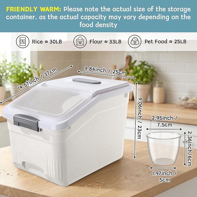 4 Pack Large Rice Storage Containers 30 Lbs Airtight Flour Container with Seal Locking Lid and Measuring Cup Kitchen Dry Food Storage Bins for Cereal Sugar Beans (Creamy White)