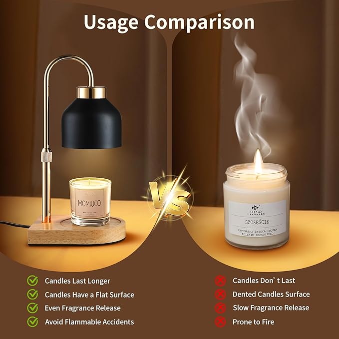 Candle Warmer Lamp with Timer and Dimmer, Height Adjustable Wax Melt Warmer for Jar Candles, Modern Retro Black Glass Shade with Wood Base, Aesthetic Home Decor, Birthday Gifts for Women Mom