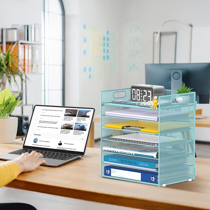 7 Tier Paper Organizer - Mesh Desktop File Holder with Handles for Office School Desk, Black (Blue)
