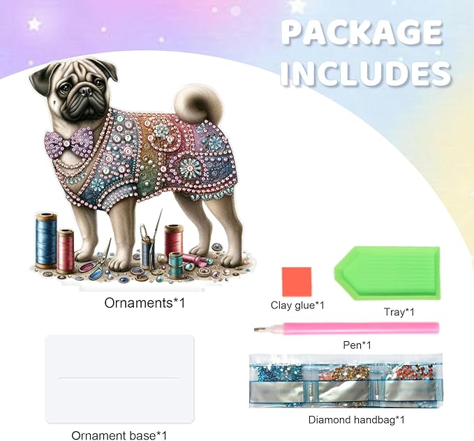 antor Diamond Painting Desktop Ornament Kit, Pug Dog DIY Acrylic Diamond Art Tabletop Decoration, Special Shape Crystal Diamond Painting Figurine Ornaments Kit for Adult Beginner