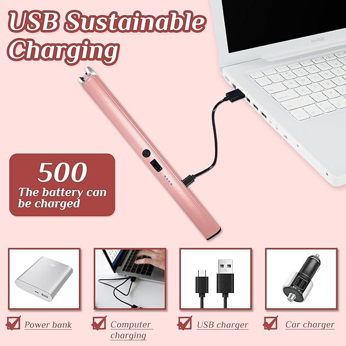 2 PCS Candle Lighter,Windproof Flameless Electric Lighter with LED Power Display ＆ Safety Switch, Upgraded Plasma USB Rechargeable Lighters for Birthday Camping BBQ (Pink)