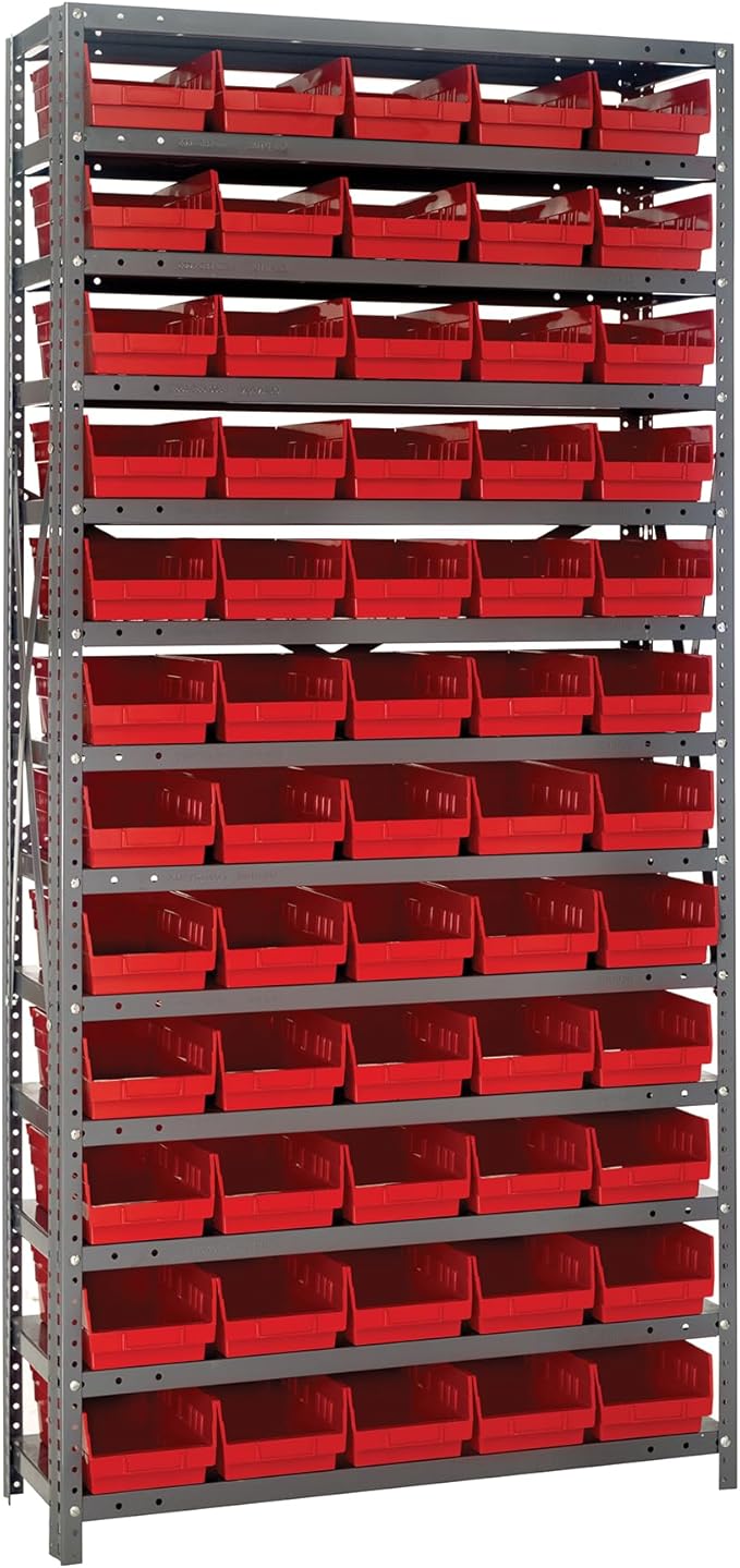 Quantum Storage Systems 1875-104RD Solid Heavy Duty 13 Shelves 60 Economy Red Bins 75" H x 36" W x 18" D
