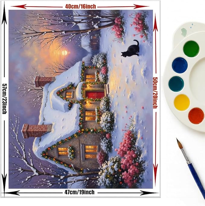 EnLvYY Christmas Cottage Paint by Numbers Adult 16x20 Inch, DIY Acrylic Painting Kit for Beginners, Winter House Night Scene Wall Art Home Decoration, Gift for Family and Friends, Unframed