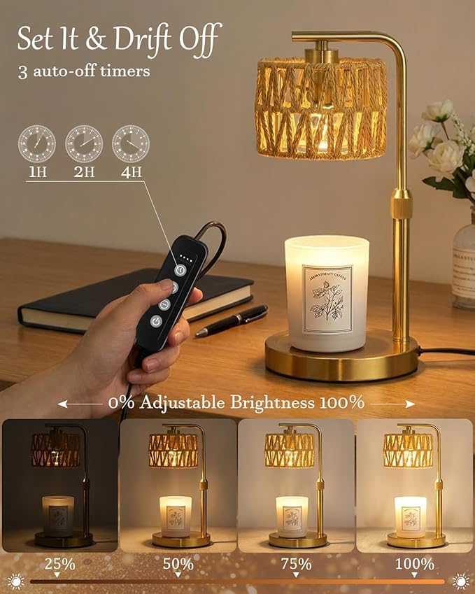 Candle Warmer Lamp with Timer, Dimmable Candle Warmer for Jar Candles, Height Adjustable Candle Lamp Warmer, Boho Rattan Lampshade and 2 Bulbs, Gift for Home Room Decor, Gifts for Women Mom (Gold)