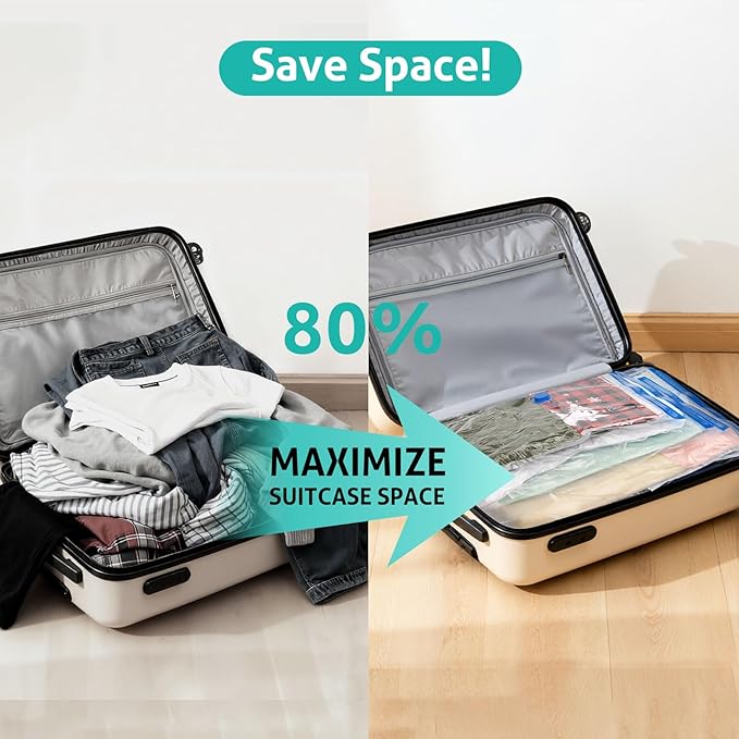 12 Pack Large Travel Vacuum Storage Bags, Portable Vacuum Seal Bags for Clothing Travel with Pump, Space Saver Bag for Luggage Suitcases Clothes Bedding Seasonal Storage