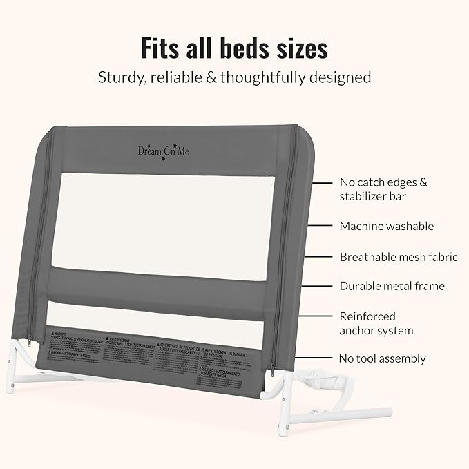 Dream On Me Lightweight Mesh Security Adjustable Bed Rail for Toddler, Breathable Mesh Fabric, Suitable for All Types of Beds, Reinforced Anchor System Bed Guard Rail, Grey