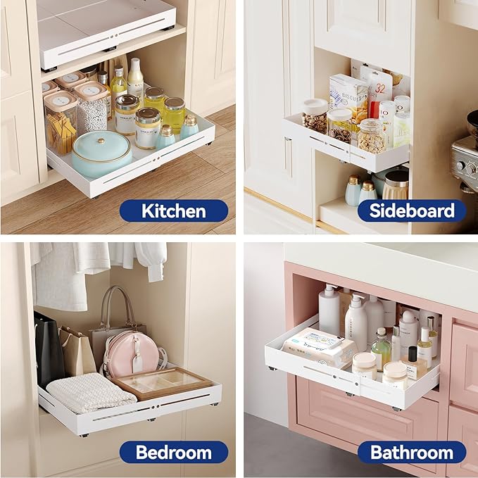 Pull out Cabinet Organizer, Full Metal Expandable Width (12.6"-20.8") & Depth (16"-24.4") Adjustable Slide out Drawers, No Drill Adhesive Roll out Shelves for Kitchen Pantry, White