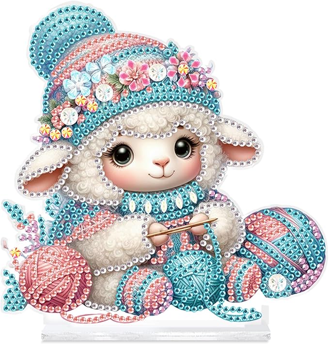 antor Diamond Painting Desktop Ornament Kit, DIY Special Shape Diamond Art Tabletop Decoration, Acrylic Diamond Art Desk Figurine Sheep Knitting Craft Gift