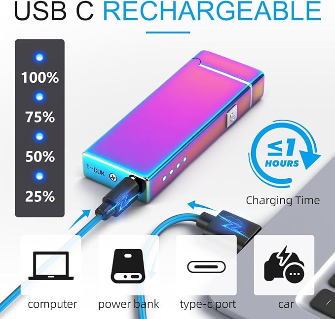 LcFun Electric Lighter USB Rechargeable Windproof Flameless Plasma Dual Arc Lighter, Cute Metal Pocket Lighters for Candle, Small Valentines Birthday Gifts for Women Friends Wife (Multichrome)