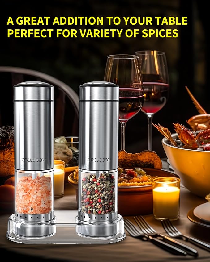 CIRCLE JOY Battery Operated Electric Salt and Pepper Grinder Set with Base, Stainless Steel Pepper Mills with 95ml Container, White LED Light and External Adjustable Coarseness, Silver