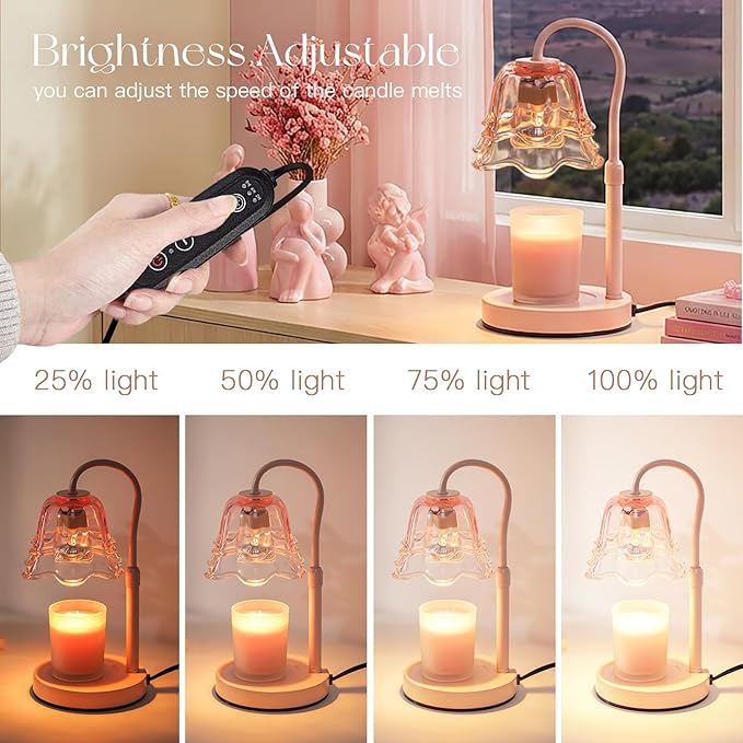 Candeldo Candle Warmer Lamp with Timer: Pink Flower Candle Warming Lamp with 2 Bulbs Height Adjustable Wax Warmer Dimmable Coquette Preppy Room Home Decor Mothers Day Gift for Women