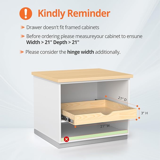 ZOINLIY 21''W X 21''D X 3''H Wooden Pull Out Drawer for Cabinet, Cabinet Organizer for Kitchen, Soft Close Slide Out Shelves, Heavy Duty, Fully Expandable