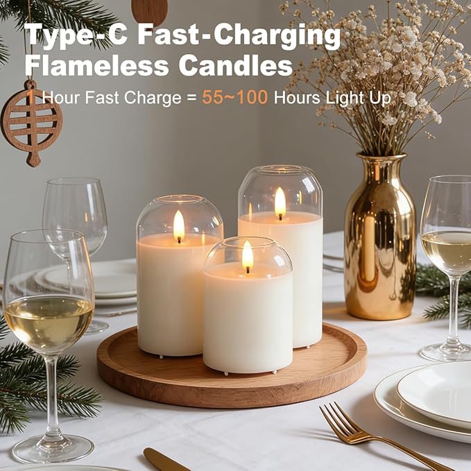 Rechargeable Glass Jar Flameless Candles, Realistic Flickering LED Pillar Real Wax Candle with Remote Control and Timer, Ideal for Living Room, Bedroom & Easter Home Décor, 1 Set of 3
