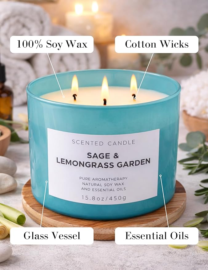 Sage Lemongrass Garden Scented Candle | 3 Wick Large Soy Candles for Home 15.8oz | Fresh Clean Herbal Citrus Candle | Long Lasting Clean Burn | Aromatherapy Stress Relief Gift for Women & Men