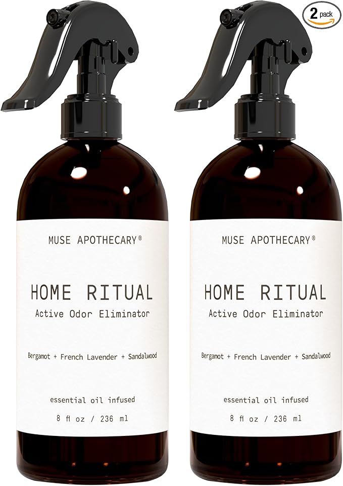Muse Apothecary Home Ritual Active Odor Eliminator Spray - Furniture Deodorizer Spray & Bathroom Odor Eliminator for Home - Essential Oil Air Freshener - 8oz, Bergamot + French Lavender + Sandalwood