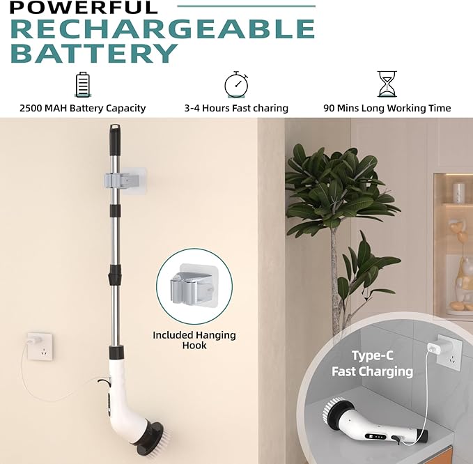Electric Spin Scrubber for Cleaning, 9 in 1 Changeable Bathroom Scrubber with Power Display, Long Cordless Cleaning Brush, Cordless Shower Cleaner Brush for Bathtub Kitchen Wall Cleaning