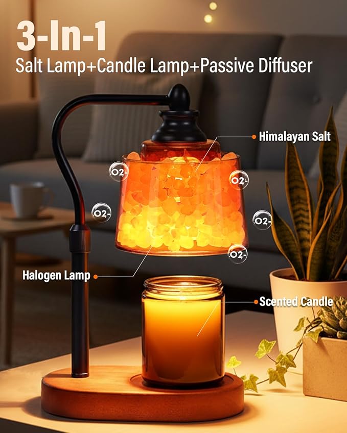 3-in-1 Candle Warmer Lamp with Timer Dimmable, Himalayan Salt Lamp & Passive Diffuser, Gifts for Women, House Warming Gifts, Wax Melt Warmer for Jar Candles (Black)