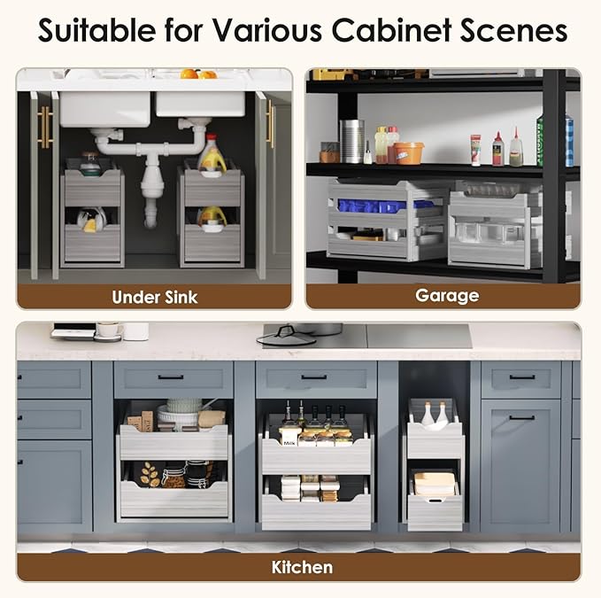 Pull Out Drawers For Cabinets, 25" W x 21.65" D x 17" H Slide Out Wooden Pull out Drawers, 2-Tier, Heavy-Duty Base Bottom Assembly Slide out Drawer Shelf Cabinet Organization for Kitchen, Gray