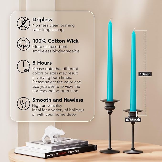 10-Inch Tall Dripless Taper Candles Set of 4 - Turquoise Tapered Candles, Perfect for Spring - Smokeless, Unscented, Long Burning - Hand Poured, Colored Tall Candlesticks - Teal