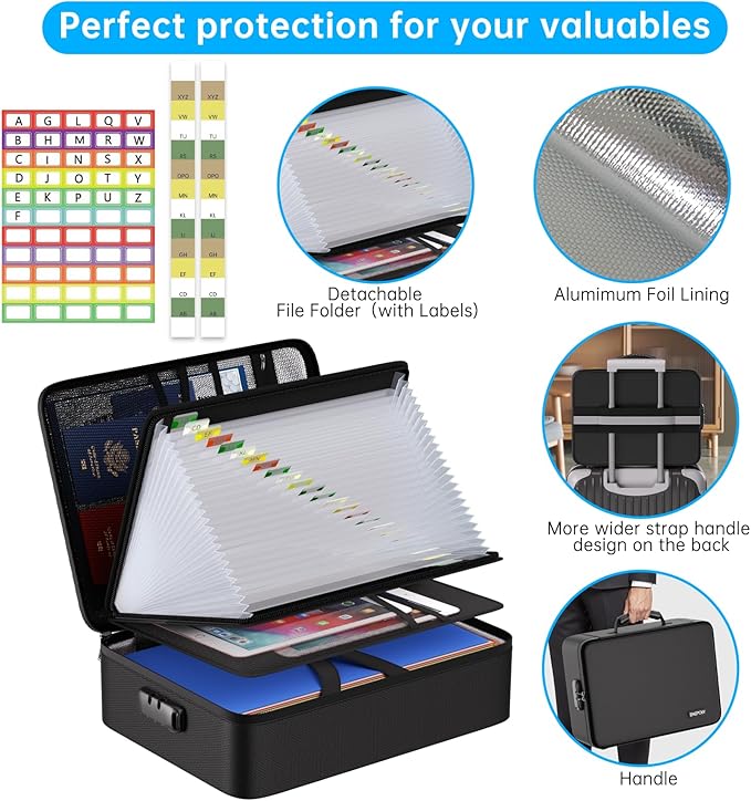 ENGPOW Fireproof Document Box with Lock,5200℉ Soft Case Fireproof Box with 25 Pocket Accordion File Folder,Multi-Layer Fireproof Water Resistant File Organizer Storage for Important Documents,Laptop
