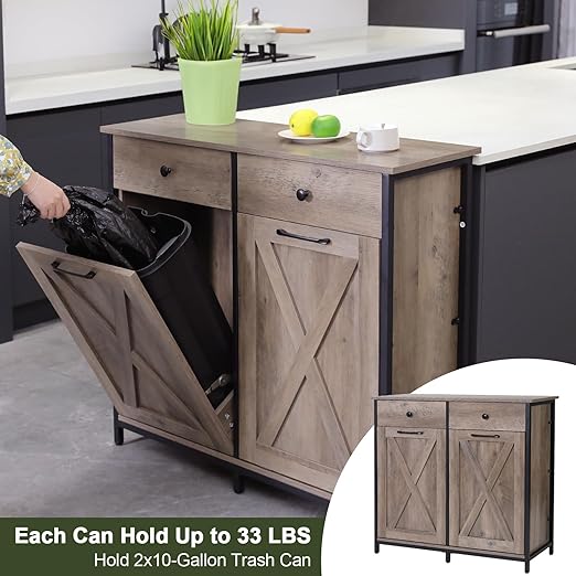 Clevich Double Tilt Out Trash Cabinet 20 Gal, Kitchen Wooden Recycling Cabinet, Hidden Garbage Can Holder w/Drawers & Tabletop, Dog-Proof Trash Bin Cupboard, Rubbish Bins NOT Included(Gray)