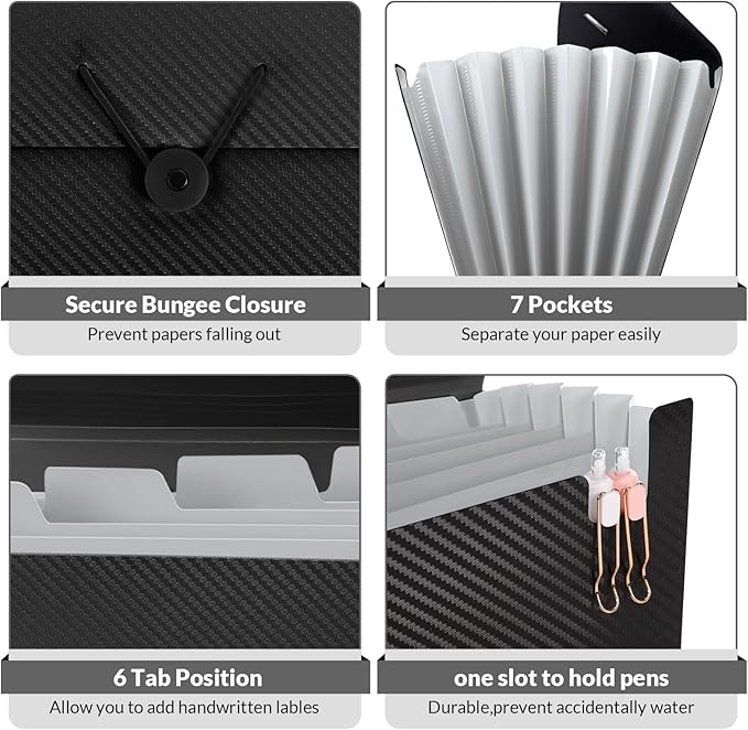 SKYDUE Expanding File Folder with 7 Pockets, Accordion File Organizer, Folders for Documents, Portable Receipt Paper Organizer, Letter Size Filing Folder School Office Supplies, Black
