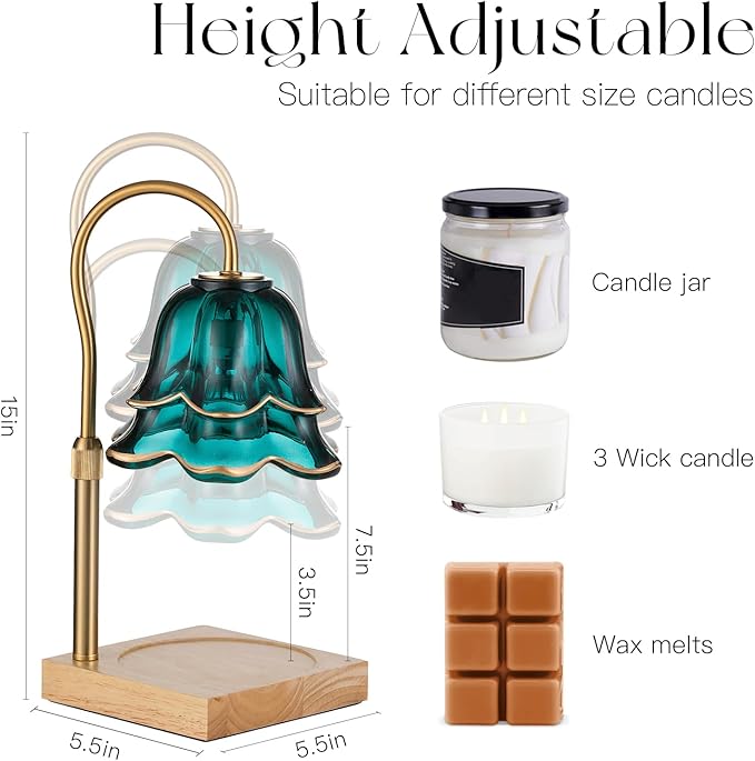 Candeldo Candle Warmer Lamp with Timer: Flower Candle Warmer with 2 Bulbs Green Height Adjustable Candle Warming Lamps Home Bedroom Decor Birthday Gift for Women