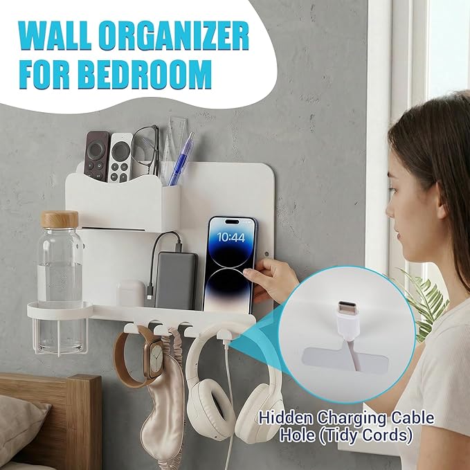 Floating Bedside Shelf & Bedside Wall Organizer, Metal with Detachable Cup Holder, No-Drill Wall Mounted Storage for Bedroom, Dorm, Teen Girls Room, Loft Bed, RV, Bunk Bed & Small Space Organization