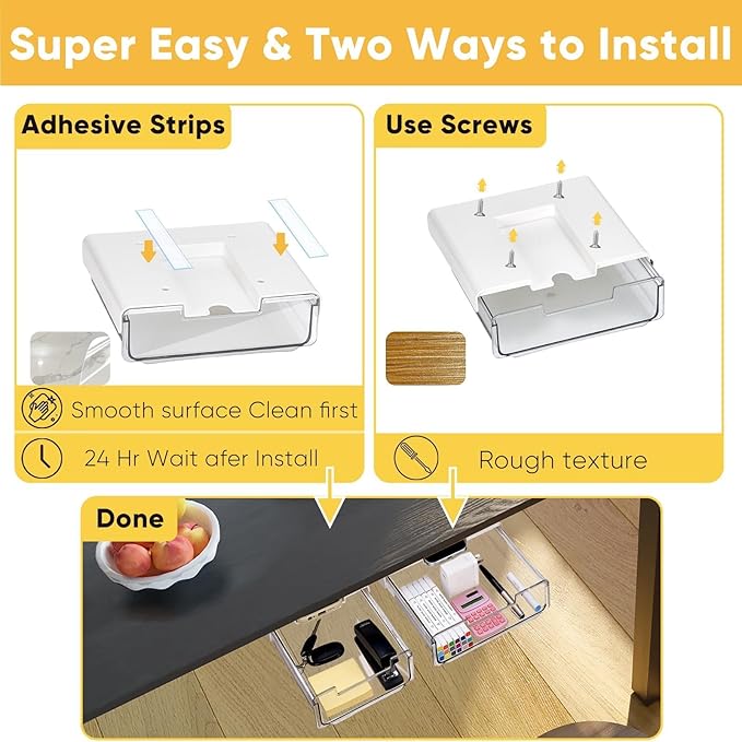 2 Pack Under Desk Hanging Drawer Slide Pull Out, Attachable Clear Acrylic Storage Tray, Easy Hidden Self Adhesive Mount Cabinet Shelf Holder for Tables, Home & Office, Counters, Workstation