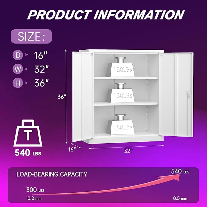 Superday 36" Metal Storage Cabinet, White Garage Storage Cabinets with Locking Doors and Adjustable Shelves, Steel Lockable Cabinets, Tool Cabinet for Home Office, Garage, School