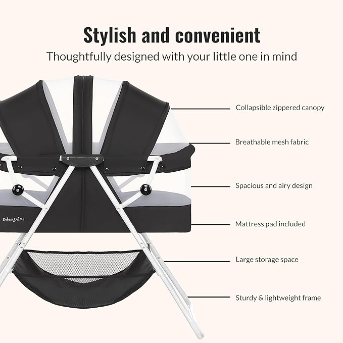 Dream On Me Karley Bassinet, Award Winner Lightweight Travel Baby Bassinet, Foldable Bedside Sleeper, Adjustable Double Canopy, Spacious Design, Soft Fabric, Storage Basket – Black