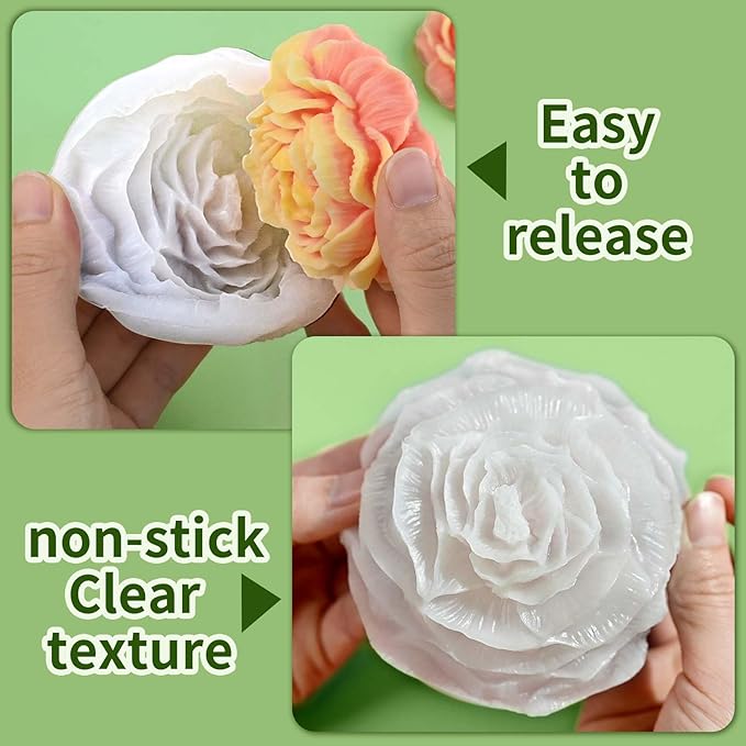 3 Pcs Peony Candle Mold for Candle Making, Set of Large + Medium +Small 3D Peony Flower Silicone Molds for Epoxy Resin Casting Wax Soap Clay Plaster Home Décor Handmade Gift