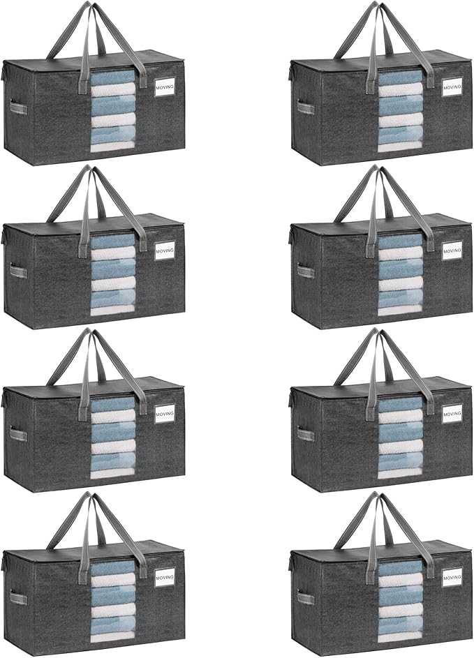 VENO 8 Pack Heavy Duty Moving Bags, Clothes and Comforter Storage Bags with Clear Window, College Dorm Essentials Packing Supplies, Foldable Boxes Alternative (Gray, 8 Pack)