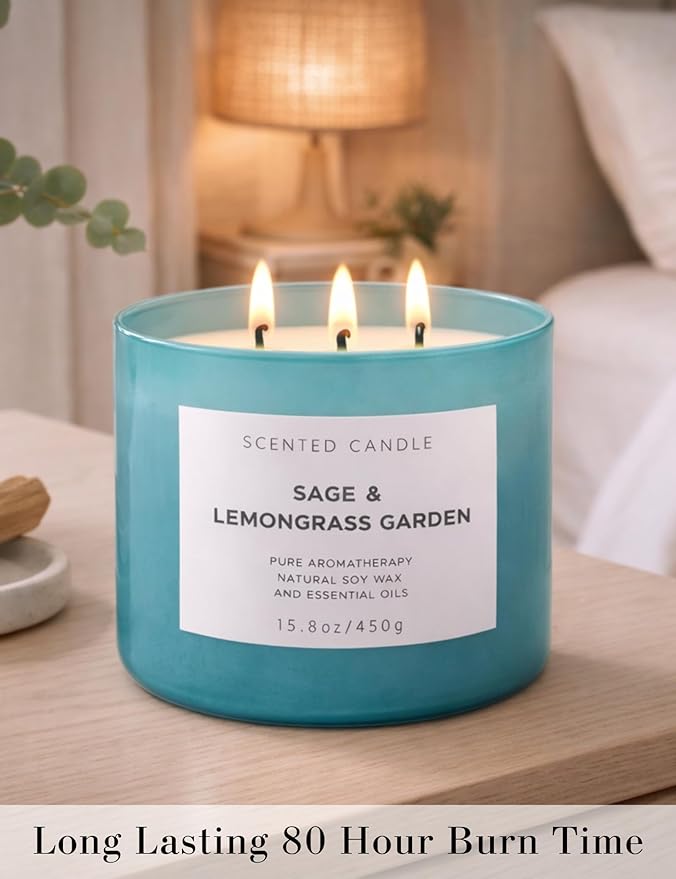 Sage Lemongrass Garden Scented Candle | 3 Wick Large Soy Candles for Home 15.8oz | Fresh Clean Herbal Citrus Candle | Long Lasting Clean Burn | Aromatherapy Stress Relief Gift for Women & Men