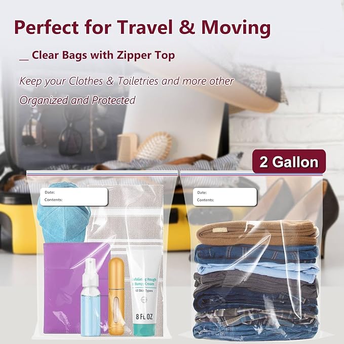 Large Plastic Bags With Zipper Top and Writable White Block, 2 Gallon,13x15in,2-Mil Thick,25 Pack,Storage Bags for Clothes,Travel, Moving, Reusable,Heavy-Duty,BPA-Free, Clear Plastic