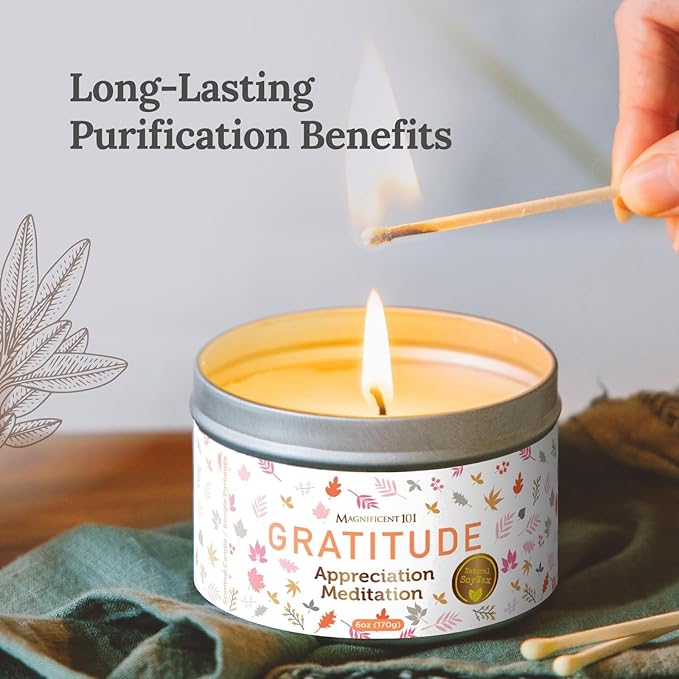 MAGNIFICENT 101 Gratitude Candle - 6 Oz Red Soy Wax - 35 Hour Burn Time & Paraffin Free - Sage Aromatherapy & Energy Cleansing - Meditation & Manifestation Candle