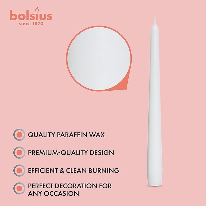 BOLSIUS Long Household White Taper Candles - 10-inch Unscented Premium Quality Wax - 8 Hours Long Burning Dripless Candles Bulk Pack of 60 for Home Decor, Wedding, Parties and Special Occasions