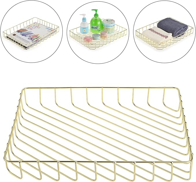 BTSKY Multipurpose A4 File Tray Wire Desk Tray Organizer Elegant Letter Size Desk Documents Trays Magazine Files Storage Basket Organizer Bin for Office Cosmetics Bathroom(Gold)