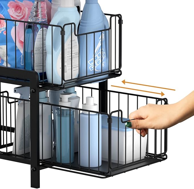 NPPLUS 2-Tier Under Sink Organzier: Iron Under Sink Cabinet Organizers With Sliding Drawer - Pull Out Home Storage For Bathroom Kitchen Desktop (Black)