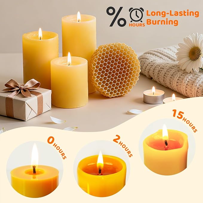 6-Pack Beeswax Pillar Candles, Seasonal Celebration Candles, 2x4in 100% Pure Organic, Total 120H Long Burning, Unscented Dripless Smokeless for Home, Prayer, Parties