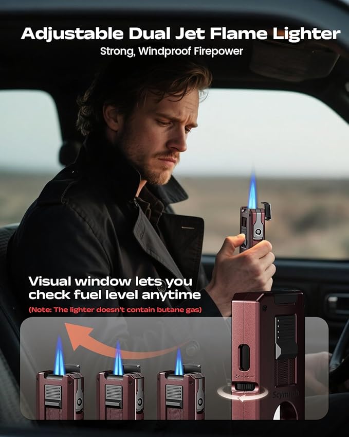 5-in-1 Torch Lighter with Straight & V Cut Cutter, Punch, Holder, Double Jet Flame Windproof Lighters, Butane Refillable Torch Lighters with Accessories Tool, for Men, Candles(Without Gas)